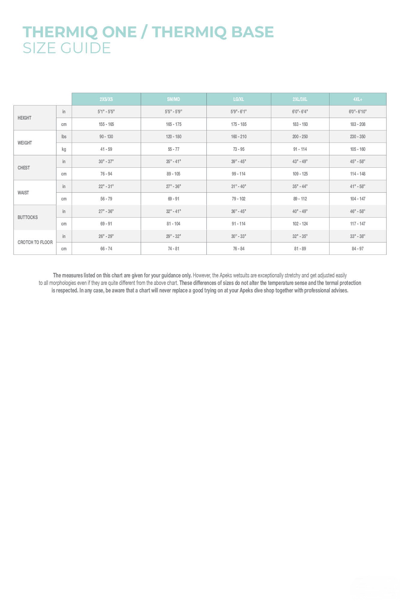 THERMIQ ONE - Undersuit Base Layer - Size guide